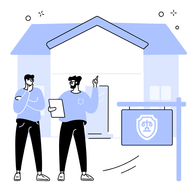 Huurder en verhuurder in gesprek bij een woning met een bordje van de weegschaal — juridisch advies bij huren en verhuren
